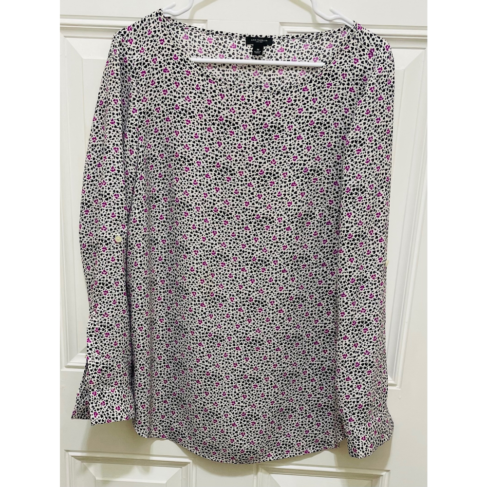 Ann Taylor Blouse Animal Print Long‎ Sleeve Button Cuff Career Top M